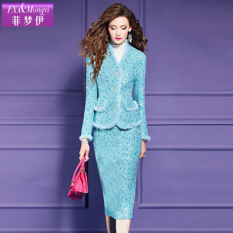 菲梦伊水貂毛领含羊毛小香风套装女秋季高端加厚亮片毛呢外套半裙,淘宝优惠券,粉丝福利购,淘宝优惠卷