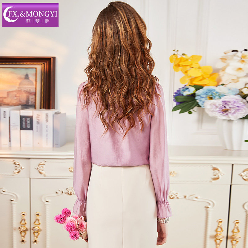 菲梦伊木耳边花朵粉色衬衫女喇叭袖春季法式设计感独特甜美上衣潮,淘宝优惠券,粉丝福利购,淘宝优惠卷