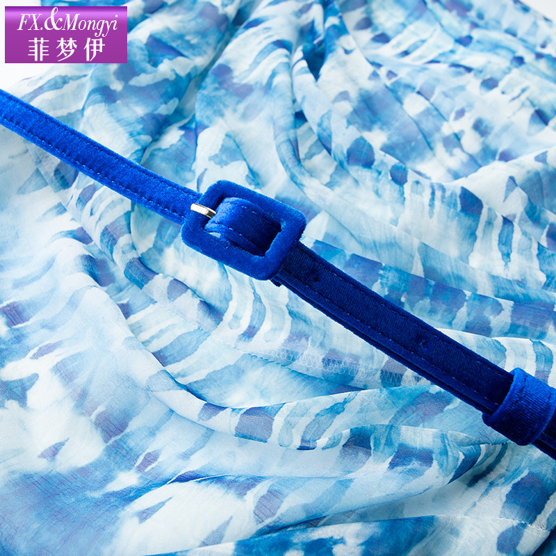 菲梦伊印花蓝色连衣裙女短袖夏季时尚洋气收腰设计感波西米亚长裙,淘宝优惠券,粉丝福利购,淘宝优惠卷