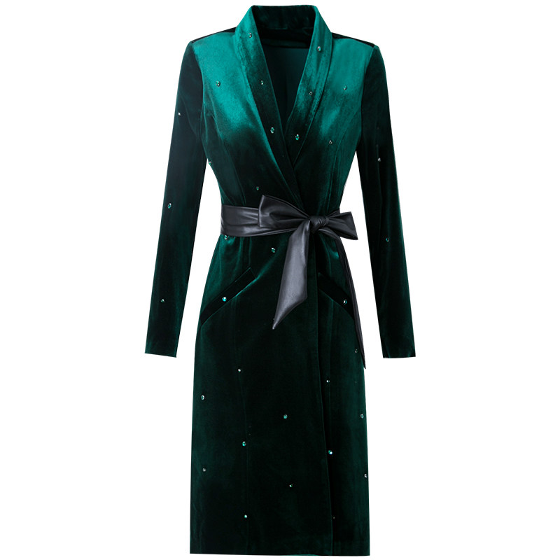 菲梦伊纯色钉珠女中长款2019风衣 fxmongyi风衣