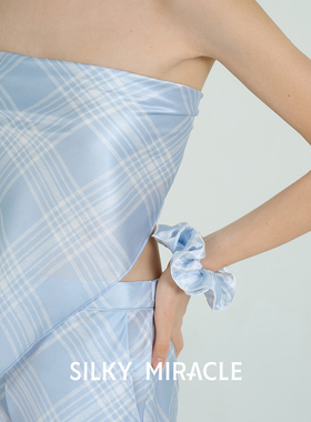 SILKY MIRACLE正品真丝发圈FREE蓝色格纹桑蚕丝头花夏季新款