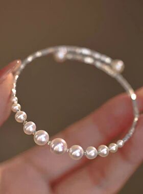 S925银渐变设计珍珠碎银子手镯