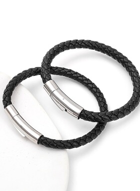 6mm粗黑色皮绳手链手镯
