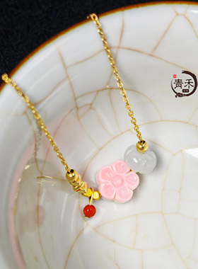 「并蒂芙蓉」原创极细盘纹o字链女王贝翡翠莲花南红14k金手链精致