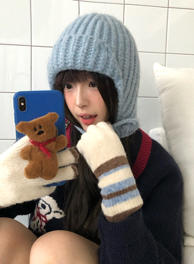 韩系百搭蓝色护耳针织帽子女