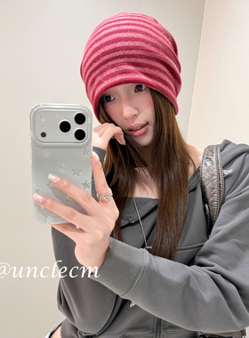 张元英同款撞色条纹包头帽子女