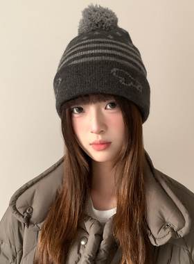 费尔岛条纹提花灰色针织帽子女冬