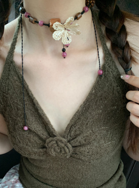 新中式复古木珠花朵吊坠项链女