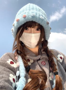 可爱毛球流苏红色针织帽子女冬季