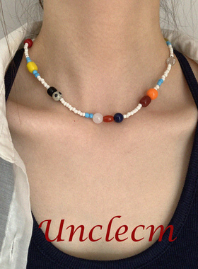 韩系多巴胺彩色玛瑙串珠锁骨链女