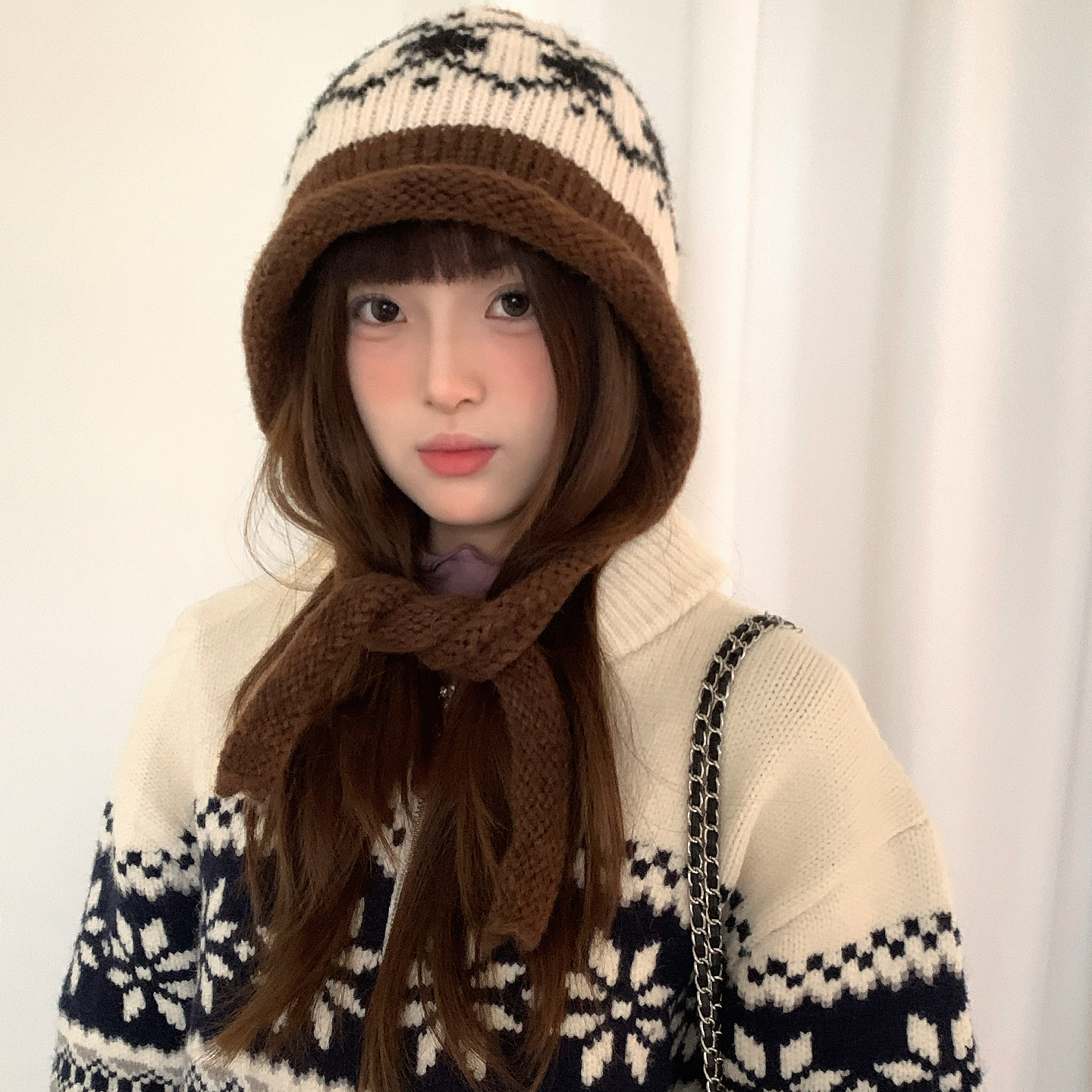 费尔岛拼色提花针织毛线帽子女冬季复古大头围绑带保暖护耳包头帽,淘宝优惠券,粉丝福利购,淘宝优惠卷