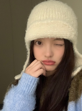 飞行员帽子女秋冬毛线针织帽