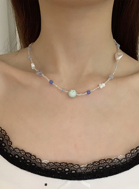 轻奢高级感蓝色串珠百搭锁骨链