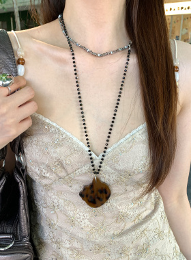 设计感豹纹小猫镜子吊坠项链女