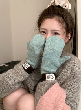 韩系可爱卡通拼色针织手套女