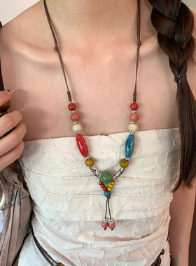波西米亚彩色陶瓷串珠吊坠项链女