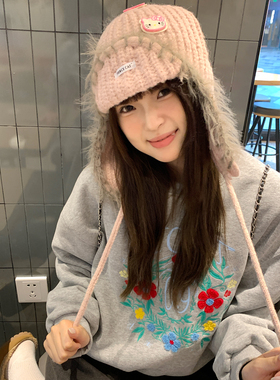 可爱卡通小猫护耳毛线帽子女