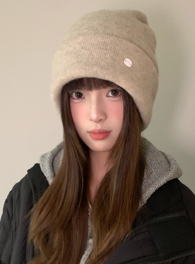 纯羊毛大头围灰色针织堆堆帽女冬