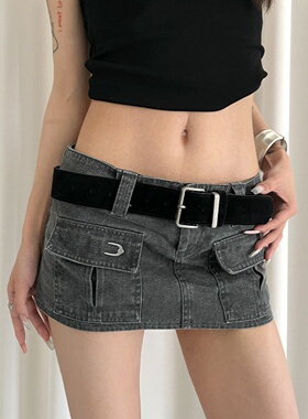 复古绒面宽版牛仔裤腰带女