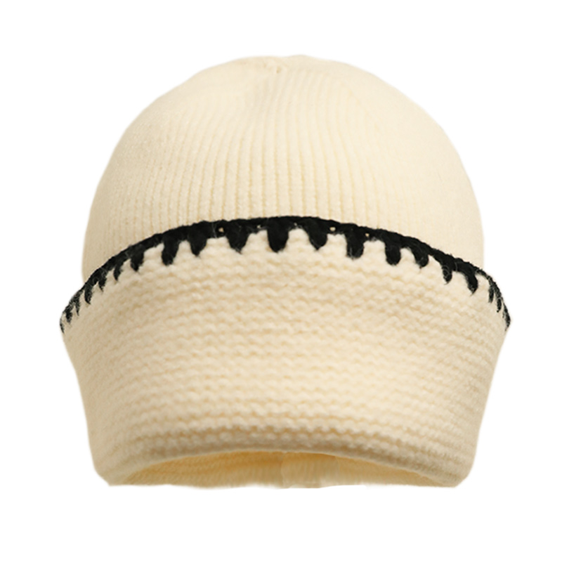 韩系百搭撞色条纹针织毛线帽子女加厚护耳保暖显脸小包头帽套头帽 - 图3