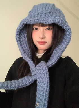 冬季手工钩织蓝色巴拉克拉法帽女