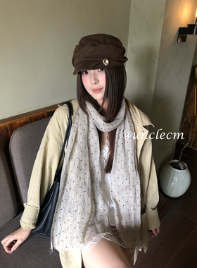 日系复古波点流苏亚麻围巾女