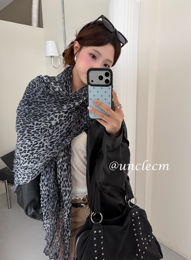 美式复古豹纹褶皱薄款系脖丝巾女
