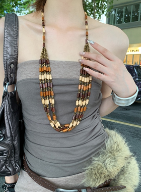 民族风多层木质串珠长款项链女