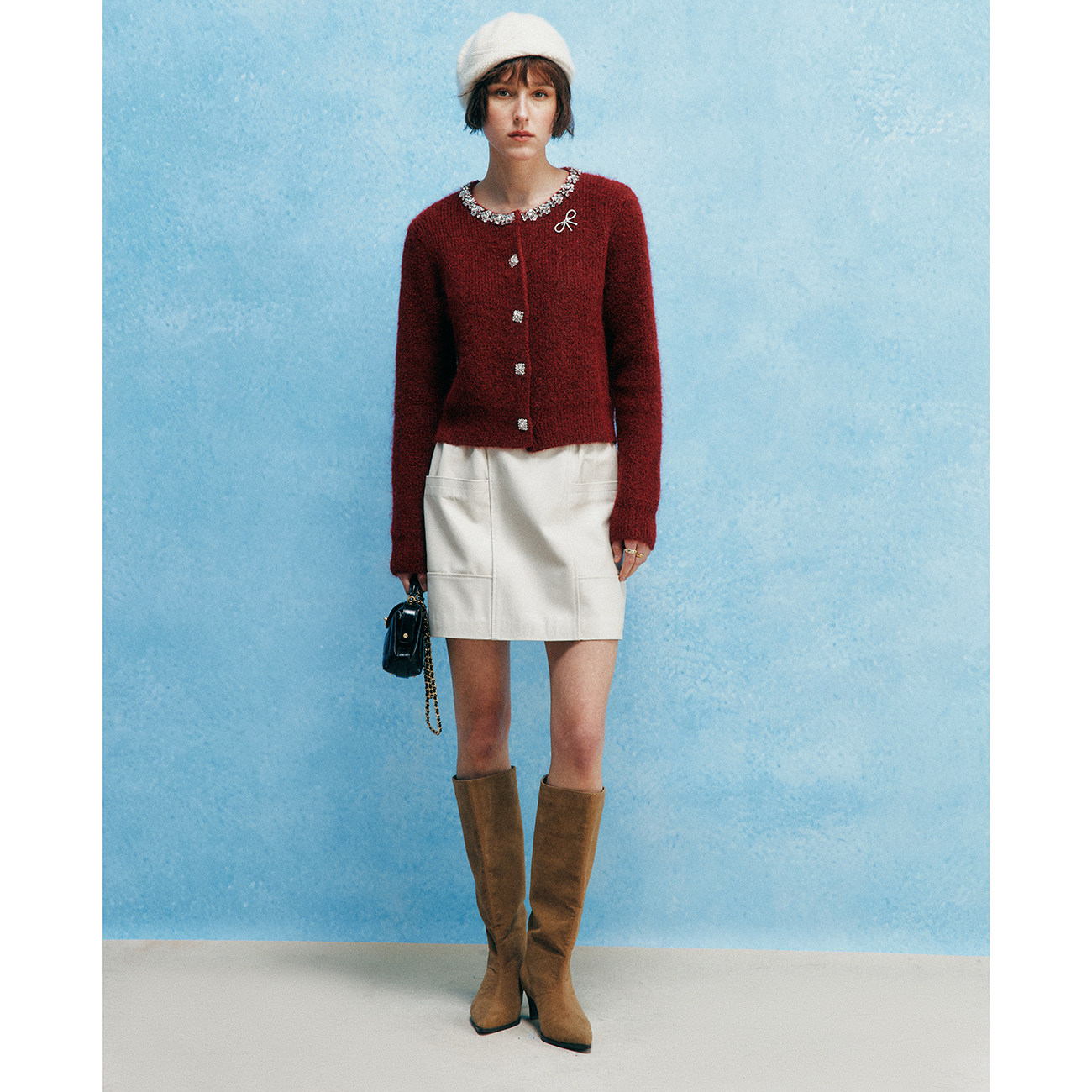 【珠光宝气】1OO%羊毛 小香风手缝水钻装饰蝴蝶结针织开衫毛衣女,淘宝优惠券,粉丝福利购,淘宝优惠卷