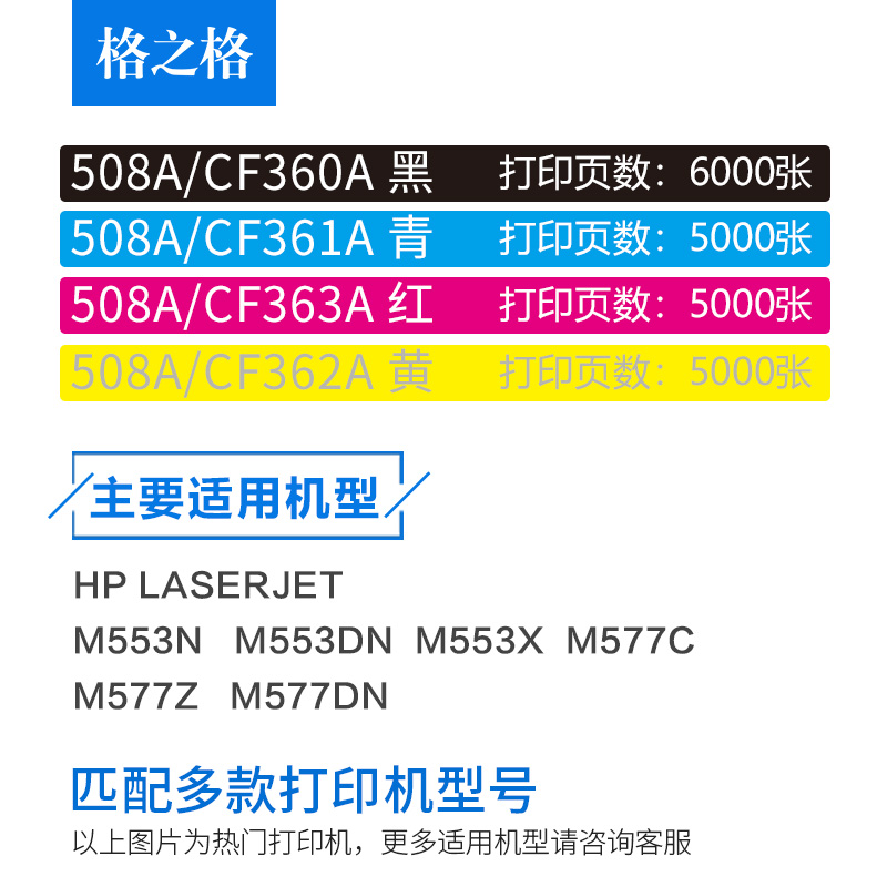 【四色一套】格之格 适用CF360A硒鼓 HP508A LaserJet M553N M553DN M553X M577C M577Z M577F M577DN墨粉盒 - 图2