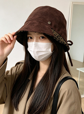 麂皮绒双面戴渔夫帽女豹纹后系带水桶盆帽美拉德复古秋冬新款帽子