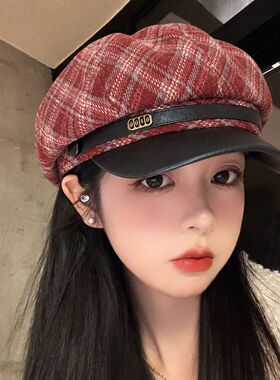 格纹复古八角帽子女秋冬毛呢宽檐显脸小百搭贝雷帽时尚鸭舌画家帽