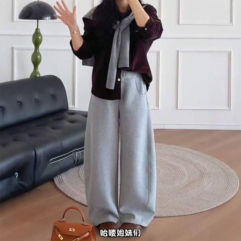 灰色弯刀运动卫裤大码休闲阔腿裤子女秋季流行风格香蕉镰刀梧桐裤 - 图1