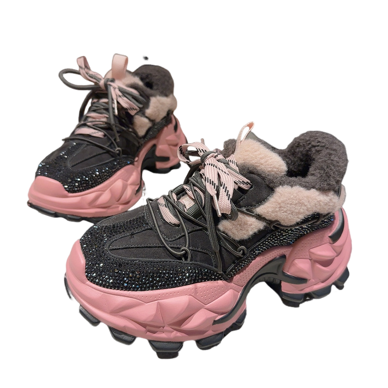 欧货重工水钻厚底毛毛老爹鞋女2025撞色满钻高帮棉鞋休闲运动潮鞋,淘宝优惠券,粉丝福利购,淘宝优惠卷