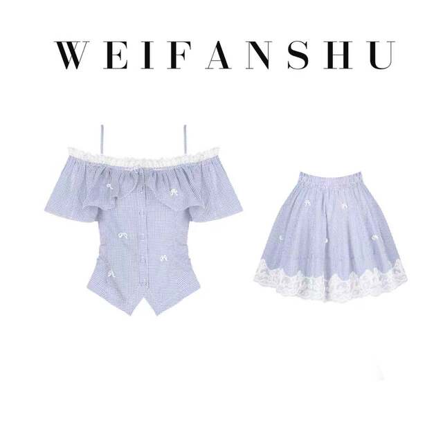Fanshu Light Luxury Light Oxygen Diary 2026 Summer New Off-Shoulder Blue and White Plaid Suit Lace Splicing Top Shorts