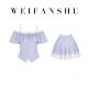 Fanshu Light Luxury Light Oxygen Diary 2026 Summer New Off-Shoulder Blue and White Plaid Suit Lace Splicing Top Shorts