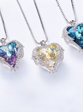 【蓝水晶】海洋之心项链女欧美跨境爆款铜微镶锆吊坠不锈钢锁骨链