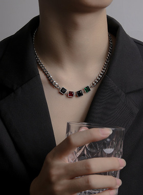 金属钛钢宝石水晶多色潮女项链