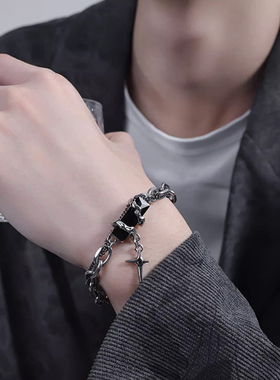 男生钛钢蓝色锆石星芒百搭手链