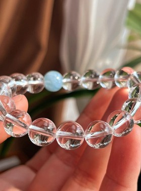 天然白海蓝宝白水晶手链明星同款