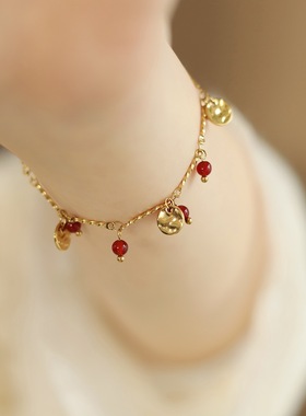 SL120 鲸雨 复古波嬉风 亮片金币红果果樱桃红玛瑙手链 钛钢镀金