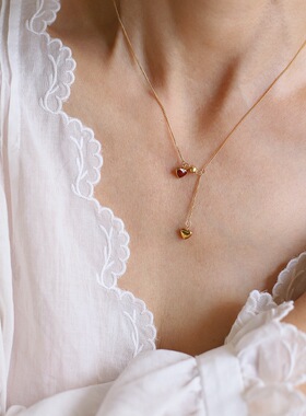 XL582 朗姆红INS风法式酒红爱心流苏项链 小巧锁骨链网红钛钢镀金