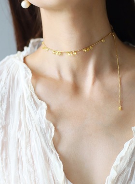 鲸雨饰品 满天星黄钻泪碎星河珠串锁骨链不规则水滴项链钛钢XL649