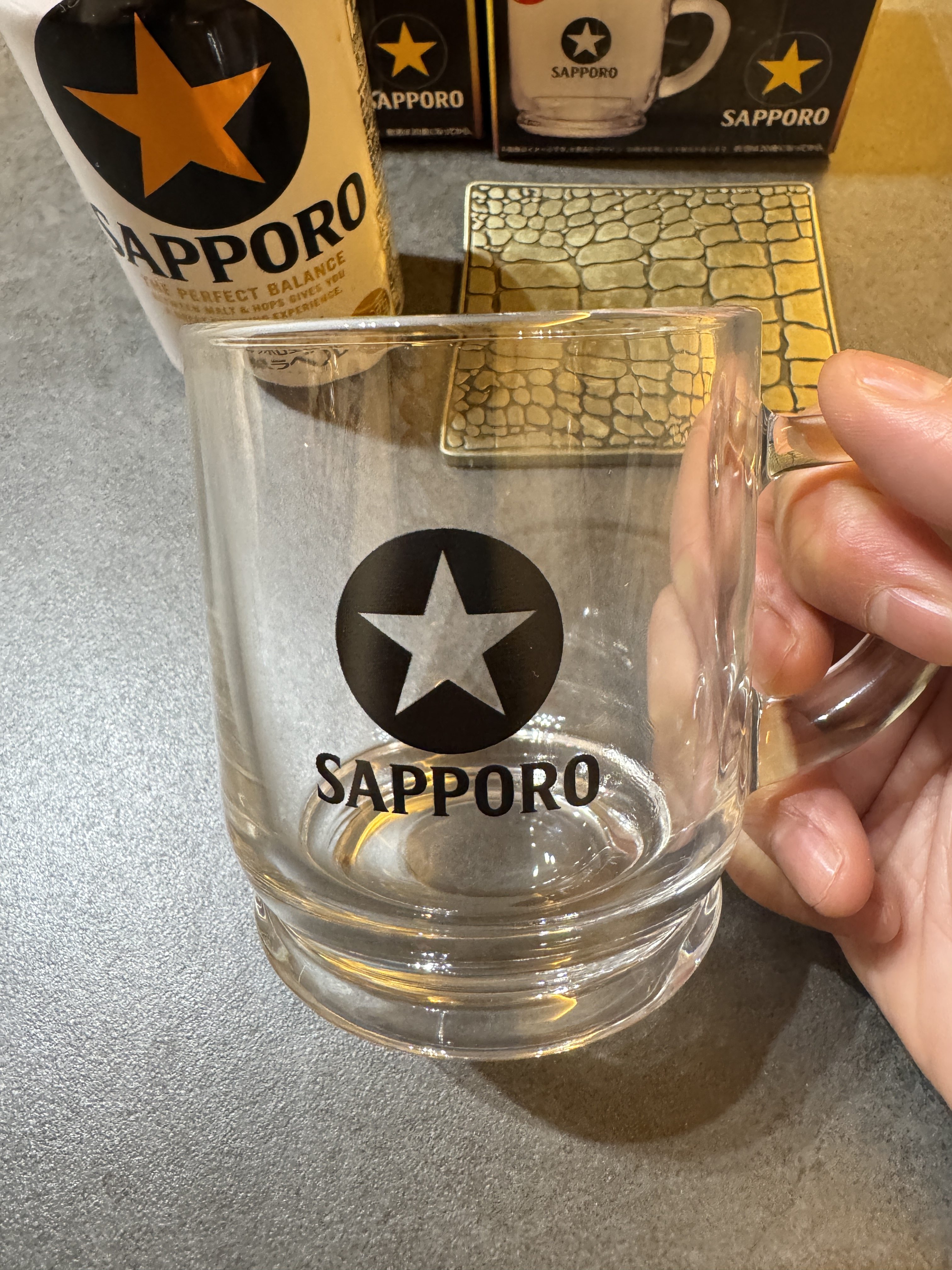 日本产 sapporo 札幌啤酒广告杯玻璃杯水杯带手把，全新带盒,淘宝优惠券,粉丝福利购,淘宝优惠卷