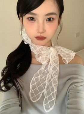 韩系蕾丝长条丝巾女白色气质系颈带春夏新款飘带发带超仙扎发头饰