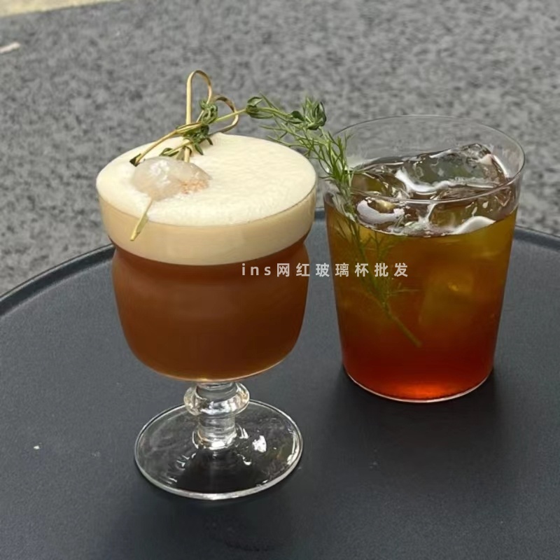 复古冰美式拿铁咖啡杯小众ins高脚玻璃杯冷饮特调果汁杯鸡尾酒杯 - 图0