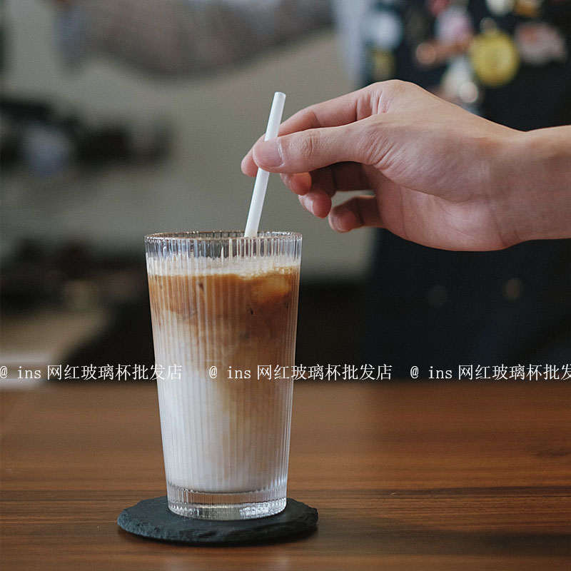 ins风咖啡厅复古竖条纹冰美式咖啡杯冷萃拿铁杯玻璃冷饮杯350ml - 图0