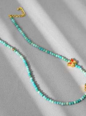 国潮新中式光影摇曳庄周梦蝶小众复古原矿绿松石蝴蝶串珠气质项链