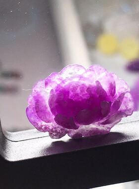 苏工雕刻~舒俱来牡丹花~冰透玉化樱花紫~裸石~镶嵌18k金吊坠戒指