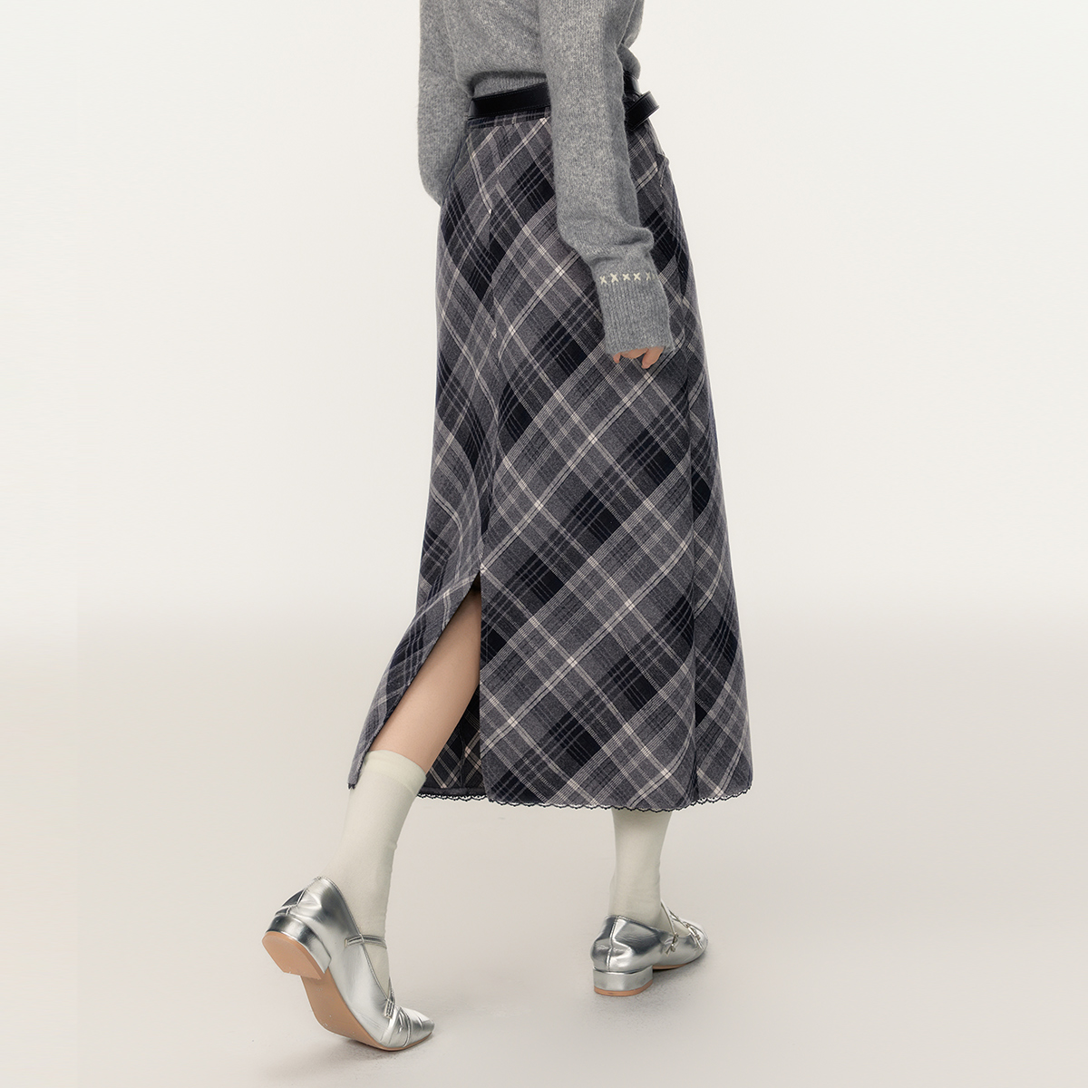 EPTISON半身裙女2025冬季新款复古学院磨毛保暖格纹时尚直筒裙子 - 图3